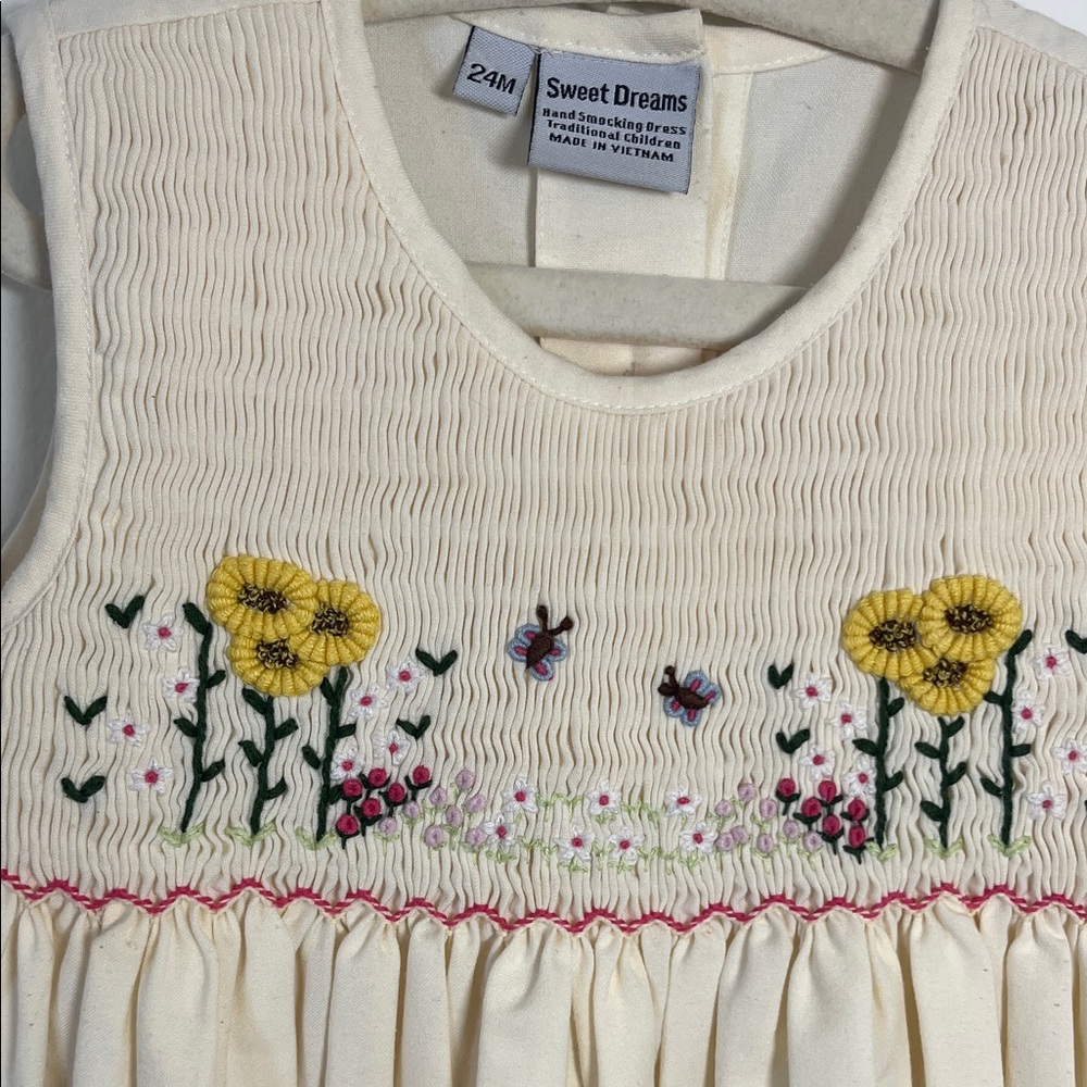 Vintage Sweet Dreams Cream Dress with Floral handsmocking